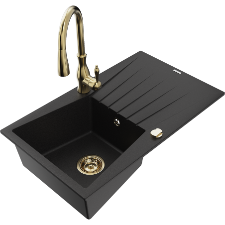 Mexen Cesar 1-bowl granite sink with drainer and Savita kitchen tap, black - 6514-77-672601-50