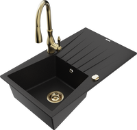 Mexen Cesar granite kitchen sink 1-chamber with drainer and Savita kitchen faucet, black - 6514-77-672601-50
