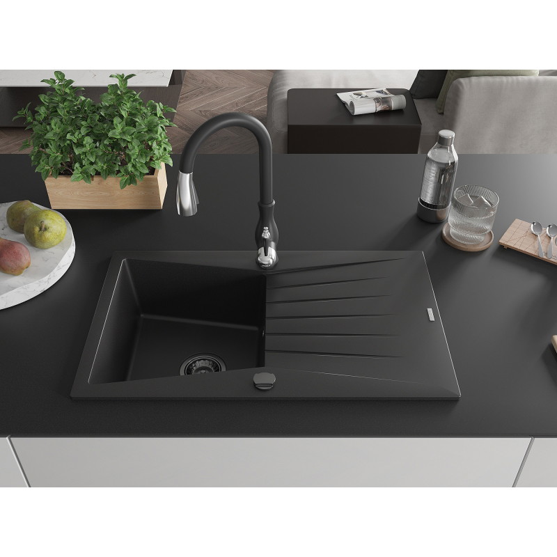Mexen Cesar granite kitchen sink 1-bowl with drainer and Savita kitchen faucet, black - 6514-77-672601-70-B