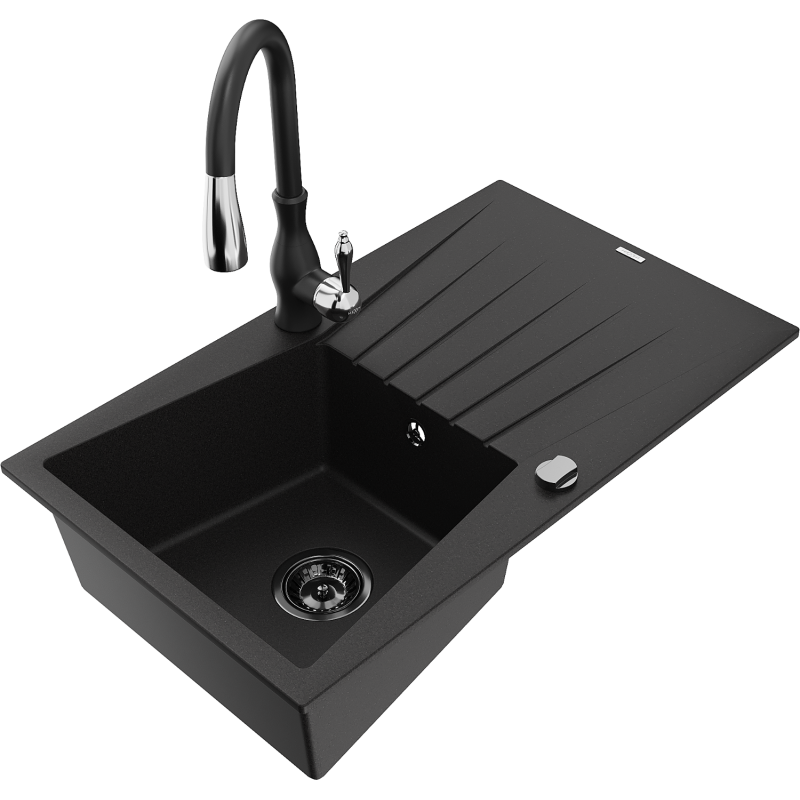Mexen Cesar 1-Bowl Granite Sink with Drainer and Savita Kitchen Tap, Black - 6514-77-672601-70-B