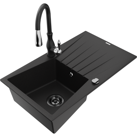 Mexen Cesar 1-compartment granite sink with a drip tray and kitchen mixer tap Savita, Black - 6514-77-672601-70-B