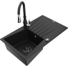 Mexen Cesar 1-compartment granite sink with a drip tray and kitchen mixer tap Savita, Black - 6514-77-672601-70-B