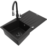 Mexen Cesar granite kitchen sink 1-bowl with drainer and Savita kitchen faucet, black - 6514-77-672601-70-B