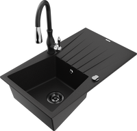 Mexen Cesar 1-Bowl Granite Sink with Drainer and Savita Kitchen Tap, Black - 6514-77-672601-70-B