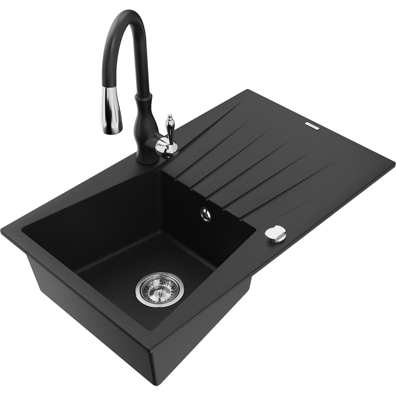 Mexen Cesar granite sink 1-bowl with drainer and Savita kitchen tap, black - 6514-77-672601-70