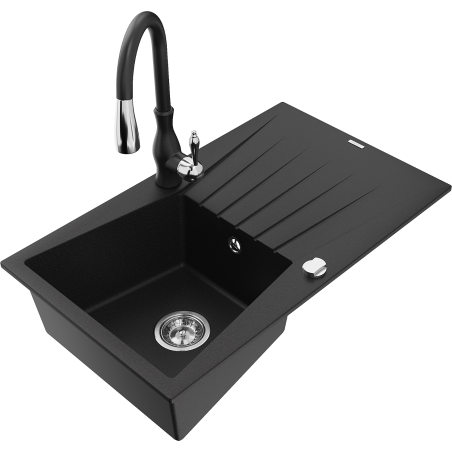 Mexen Cesar granite sink 1-bowl with drainer and kitchen faucet Savita, black - 6514-77-672601-70