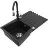Mexen Cesar granite kitchen sink with 1 basin and drainer plus Savita faucet, black - 6514-77-672601-70