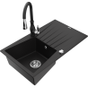 Mexen Cesar granite sink 1-bowl with drainer and kitchen faucet Savita, black - 6514-77-672601-70