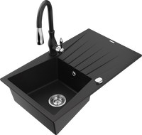 Mexen Cesar granite sink 1-bowl with drainer and Savita kitchen tap, black - 6514-77-672601-70