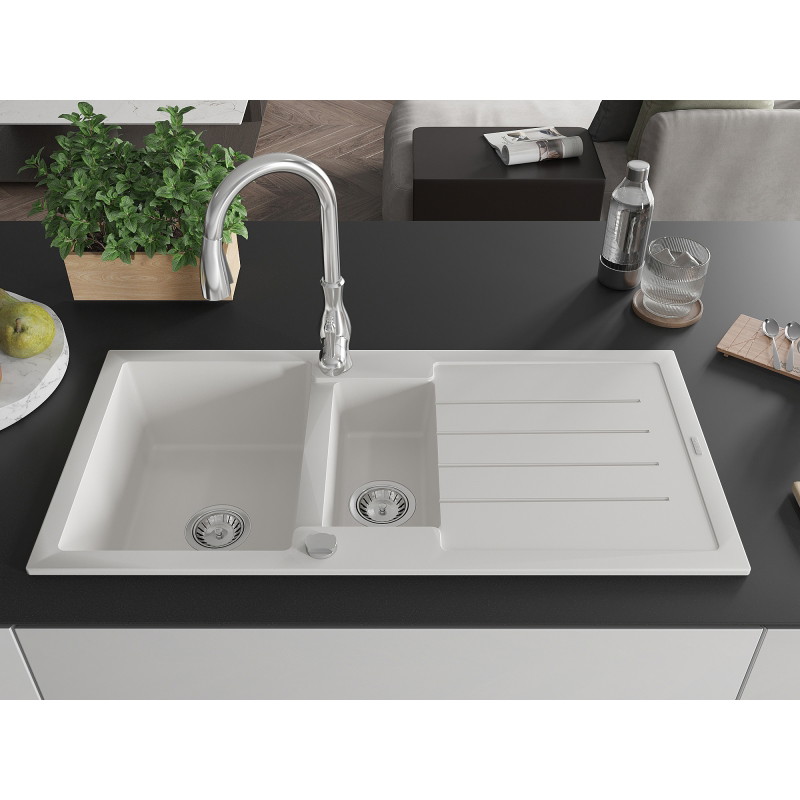 Mexen Andres granite sink 1.5-bowl with drainer and Savita kitchen faucet, white - 6515-20-672601-00
