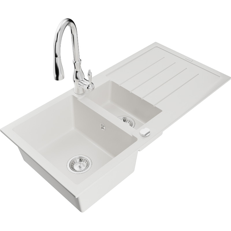 Mexen Andres granite sink 1.5-bowl with drainer and Savita kitchen faucet, white - 6515-20-672601-00
