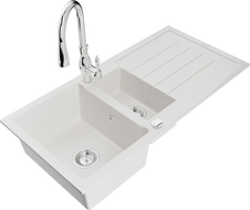 Mexen Andres 1.5-compartment granite sink with a drip tray and kitchen mixer tap Savita, White - 6515-20-672601-00