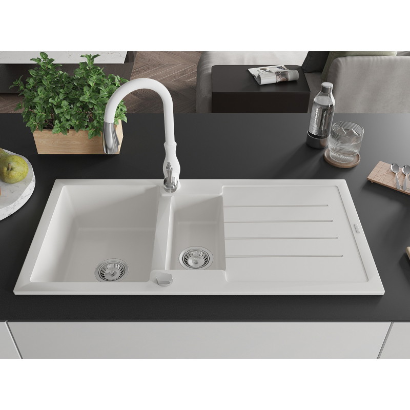 Mexen Andres 1.5-bowl granite sink with drainer and Savita kitchen faucet, white - 6515-20-672601-20
