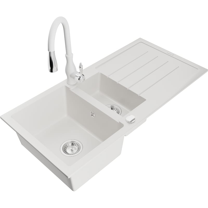 Mexen Andres 1.5-bowl granite sink with drainer and Savita kitchen faucet, white - 6515-20-672601-20