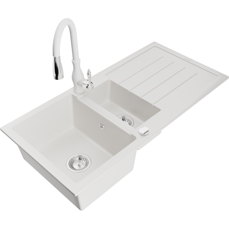 Mexen Andres 1.5-compartment granite sink with a drip tray and kitchen mixer tap Savita, White - 6515-20-672601-20