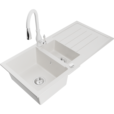 Mexen Andres 1.5-compartment granite sink with a drip tray and kitchen mixer tap Savita, White - 6515-20-672601-20