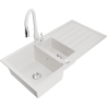 Mexen Andres 1.5-bowl granite sink with drainer and Savita kitchen tap, white - 6515-20-672601-20