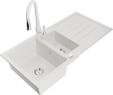 Mexen Andres 1.5-compartment granite sink with a drip tray and kitchen mixer tap Savita, White - 6515-20-672601-20