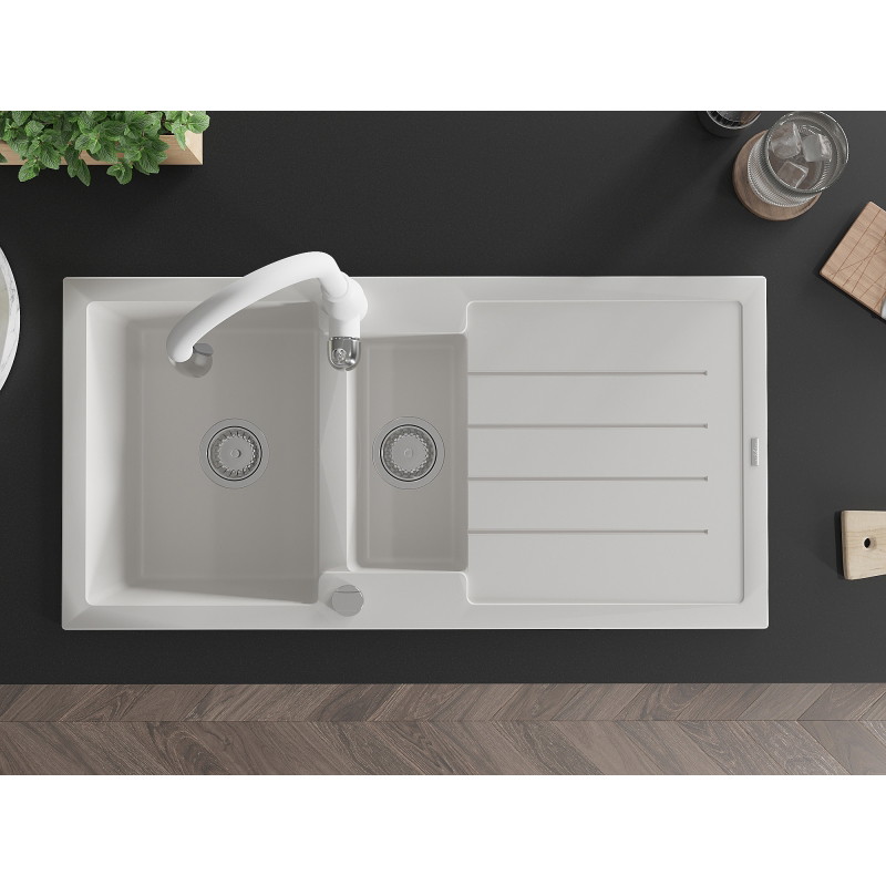 Mexen Andres 1.5-bowl granite sink with drainer and Savita kitchen faucet, white - 6515-20-672601-20