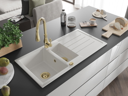 Mexen Andres granite sink 1.5-bowl with drainer and Savita kitchen faucet, white - 6515-20-672601-50
