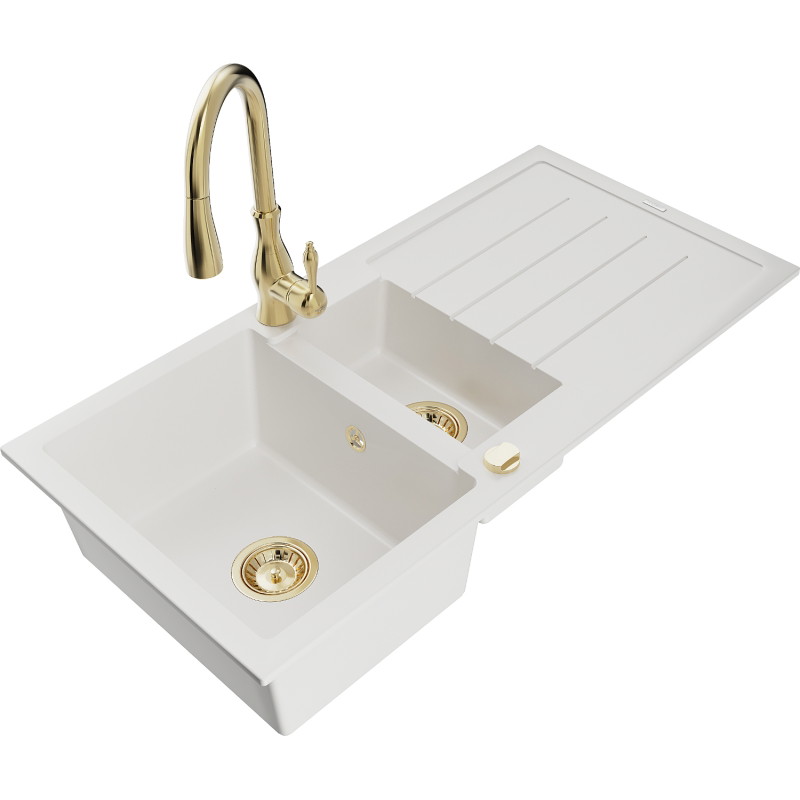 Mexen Andres 1.5-bowl granite sink with drainer and Savita kitchen faucet, white - 6515-20-672601-50