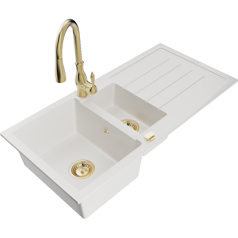 Mexen Andres 1.5-compartment granite sink with a drip tray and kitchen mixer tap Savita, White - 6515-20-672601-50