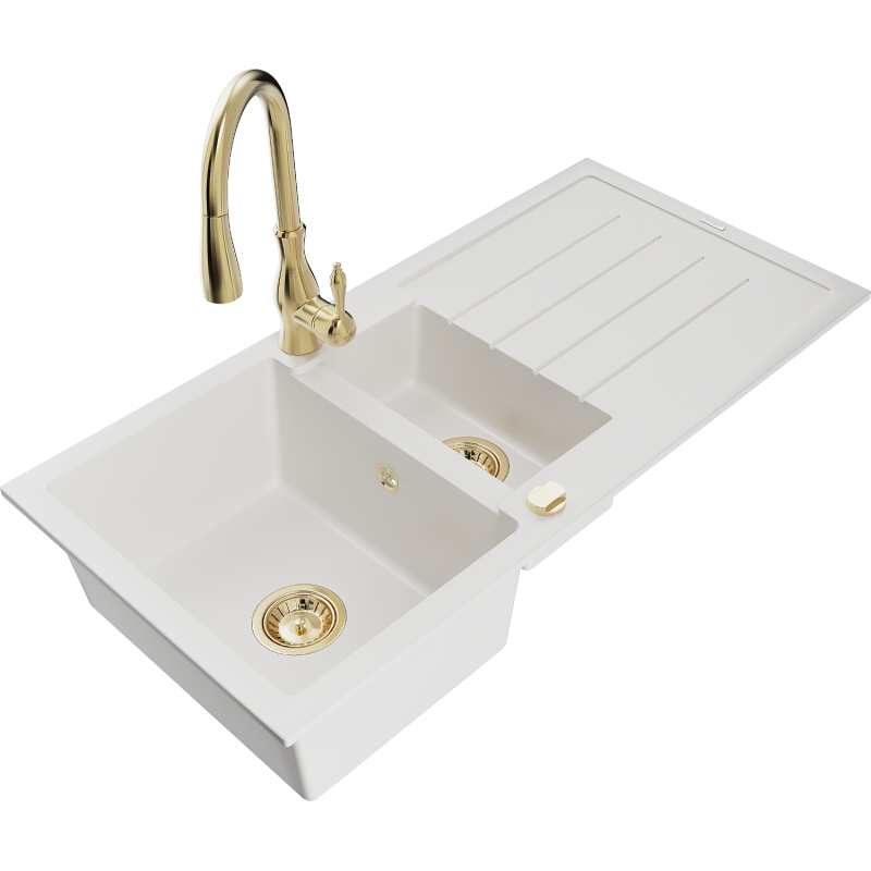 Mexen Andres granite sink 1.5-bowl with drainer and Savita kitchen tap, white - 6515-20-672601-50