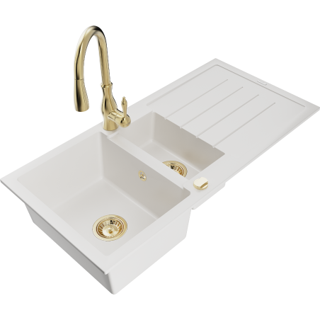 Mexen Andres 1.5-compartment granite sink with a drip tray and kitchen mixer tap Savita, White - 6515-20-672601-50