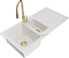 Mexen Andres 1.5-compartment granite sink with a drip tray and kitchen mixer tap Savita, White - 6515-20-672601-50