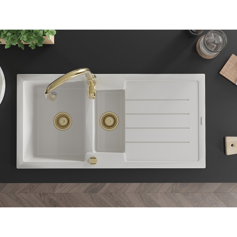 Mexen Andres granite sink 1.5-bowl with drainer and Savita kitchen faucet, white - 6515-20-672601-50