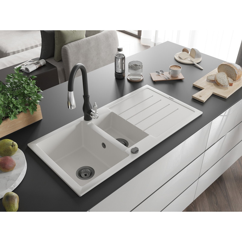 Mexen Andres 1.5-bowl granite sink with drainer and Savita kitchen faucet, white - 6515-20-672601-70