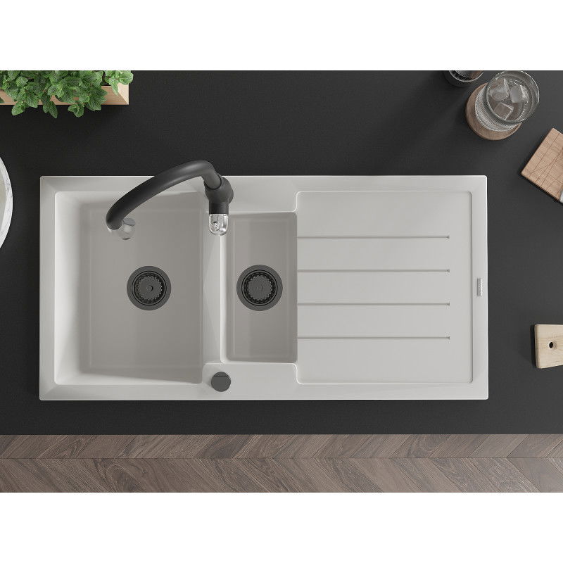 Mexen Andres granite sink 1.5-bowl with drainer and Savita kitchen tap, white - 6515-20-672601-70