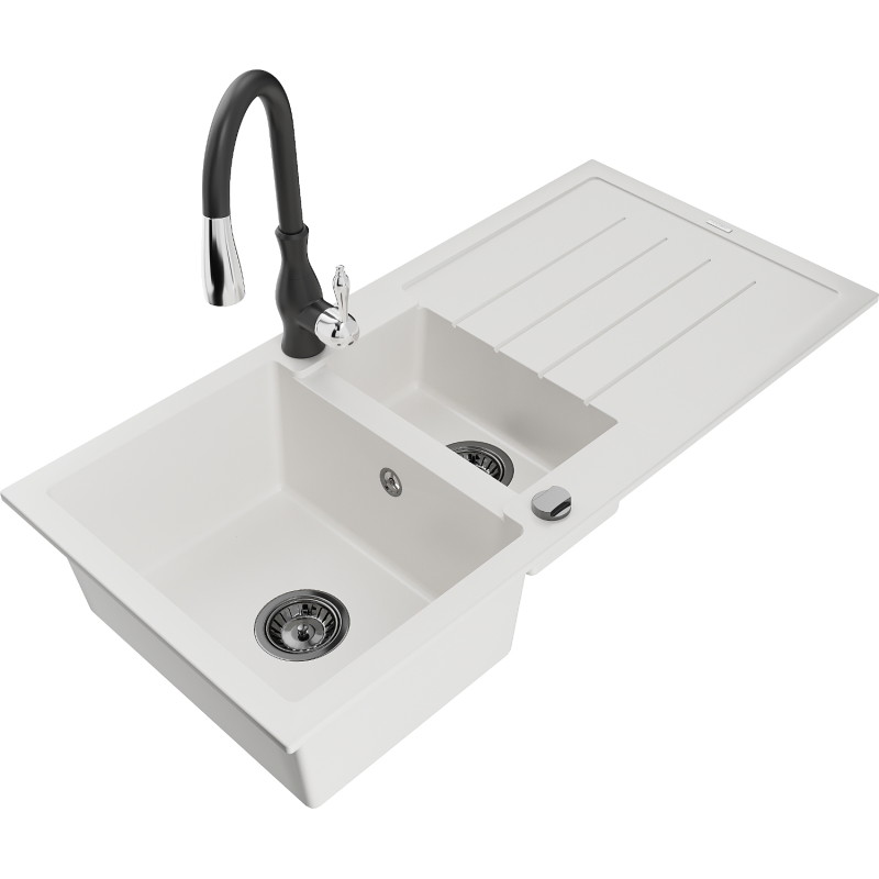 Mexen Andres 1.5-bowl granite sink with drainer and Savita kitchen faucet, white - 6515-20-672601-70