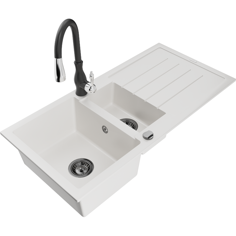 Mexen Andres 1.5-compartment granite sink with a drip tray and kitchen mixer tap Savita, White - 6515-20-672601-70