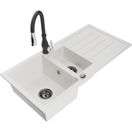 Mexen Andres 1.5-compartment granite sink with a drip tray and kitchen mixer tap Savita, White - 6515-20-672601-70