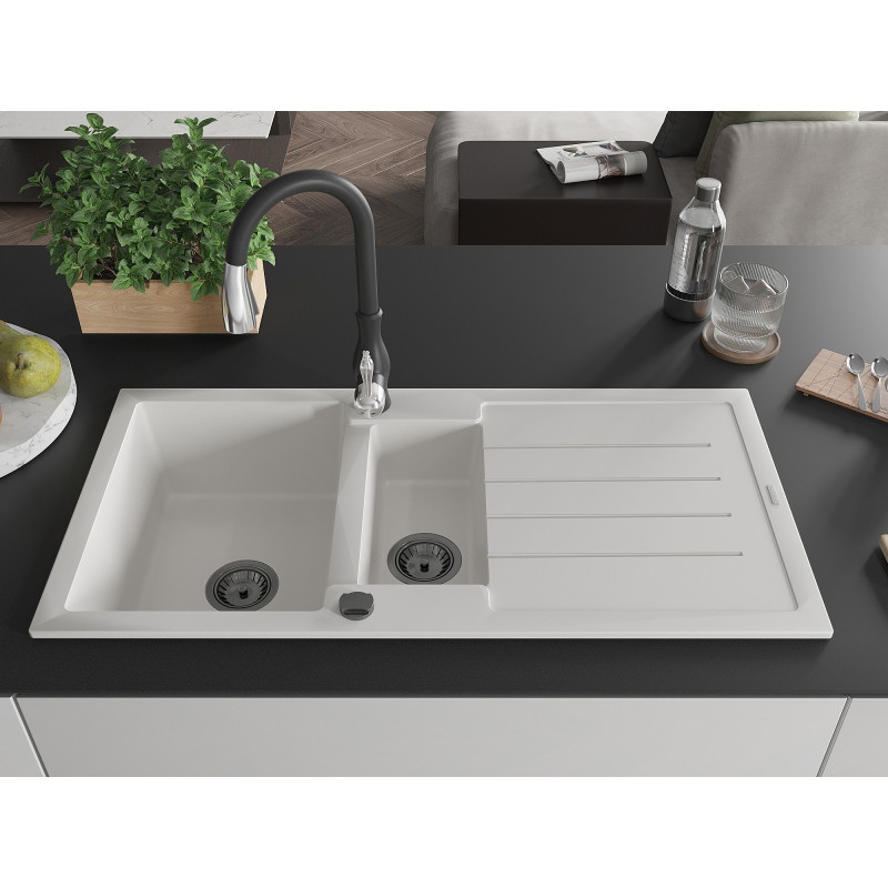 Mexen Andres granite kitchen sink 1.5-bowl with drainer and Savita kitchen faucet, white - 6515-20-672601-70