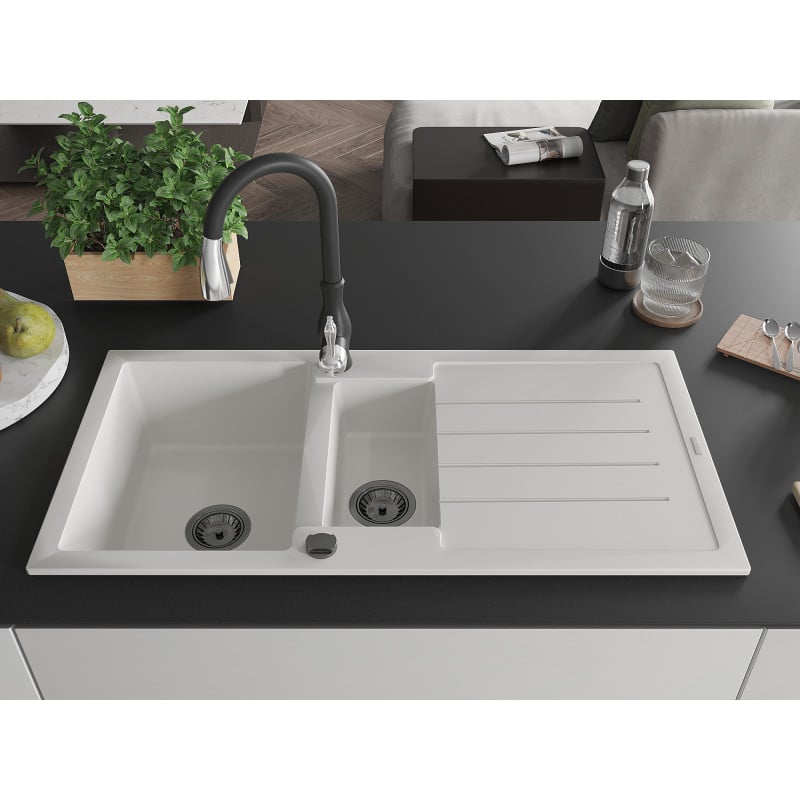 Mexen Andres granite sink 1.5-bowl with drainer and Savita kitchen tap, white - 6515-20-672601-70