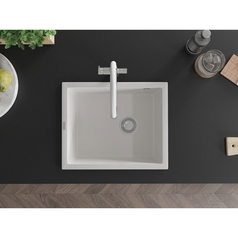 Mexen Pedro 1-bowl granite sink 560 x 460 mm, white, chrome siphon - 6508561000-20