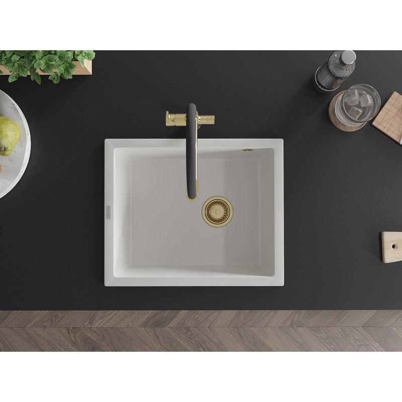 Mexen Pedro granite sink, single-bowl, 560 x 460 mm, white, golden siphon - 6508561000-20-G