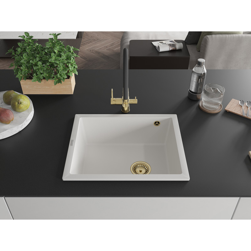 Mexen Pedro granite sink, single-bowl, 560 x 460 mm, white, golden siphon - 6508561000-20-G