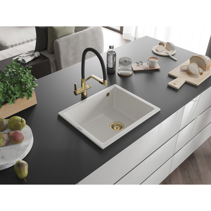 Mexen Pedro granite sink, single-bowl, 560 x 460 mm, white, golden siphon - 6508561000-20-G