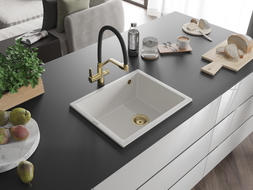 Mexen Pedro granite sink, single-bowl, 560 x 460 mm, white, golden siphon - 6508561000-20-G