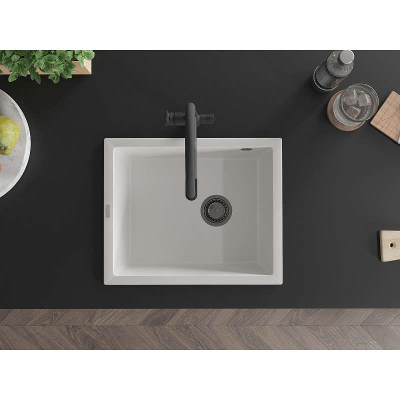 Mexen Pedro granite sink 1-bowl 560 x 460 mm, white, black siphon - 6508561000-20-B