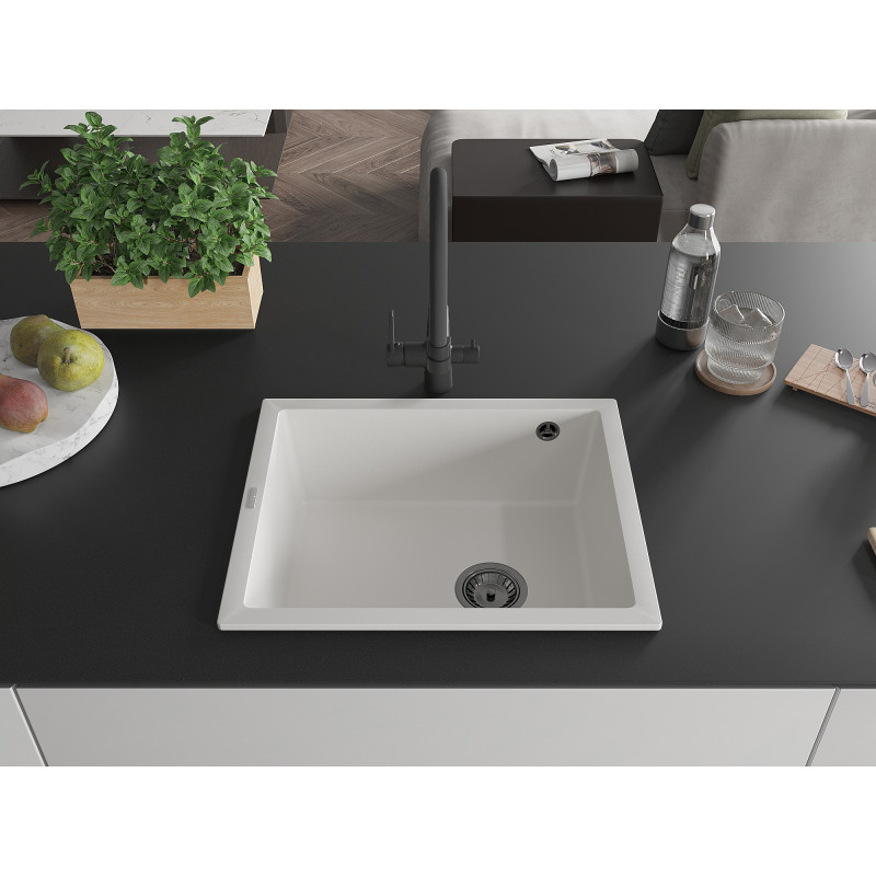 Mexen Pedro granite sink 1-bowl 560 x 460 mm, white, black siphon - 6508561000-20-B