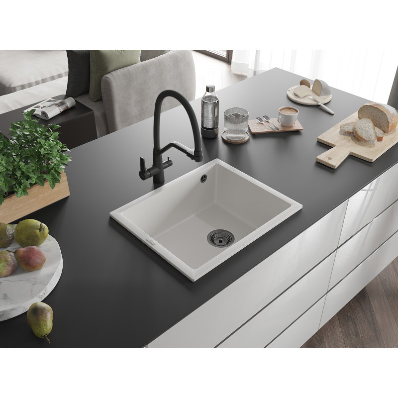 Mexen Pedro granite sink 1-bowl 560 x 460 mm, white, black siphon - 6508561000-20-B