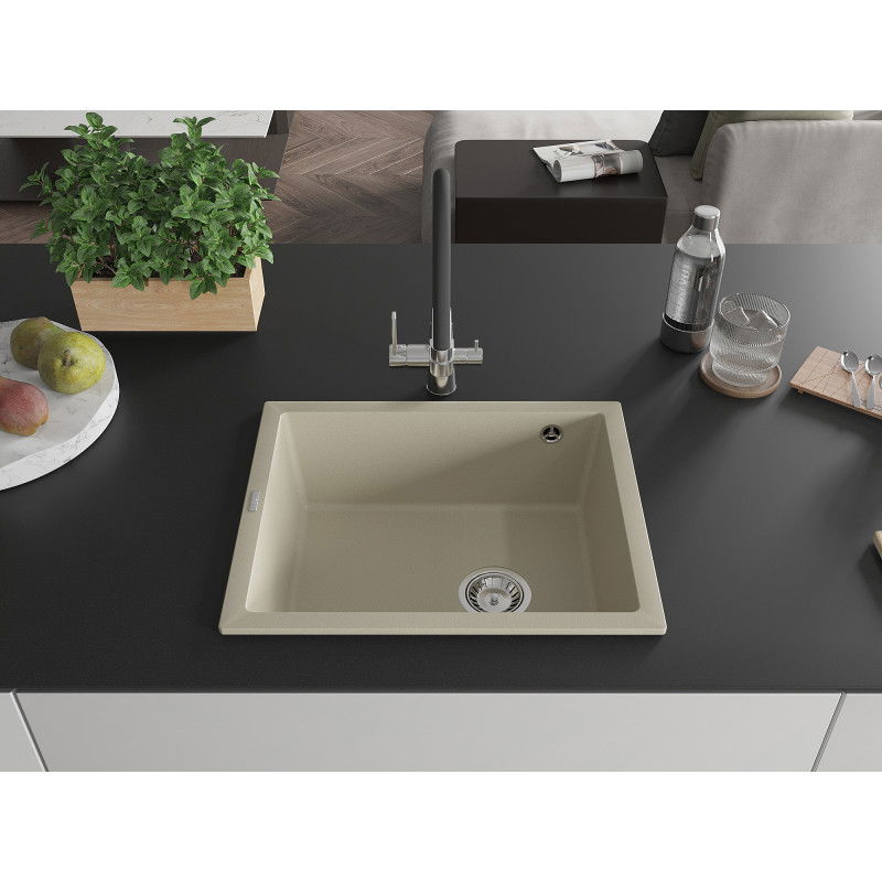 Mexen Pedro 1-bowl granite kitchen sink 560 x 460 mm, beige, chrome siphon - 6508561000-69
