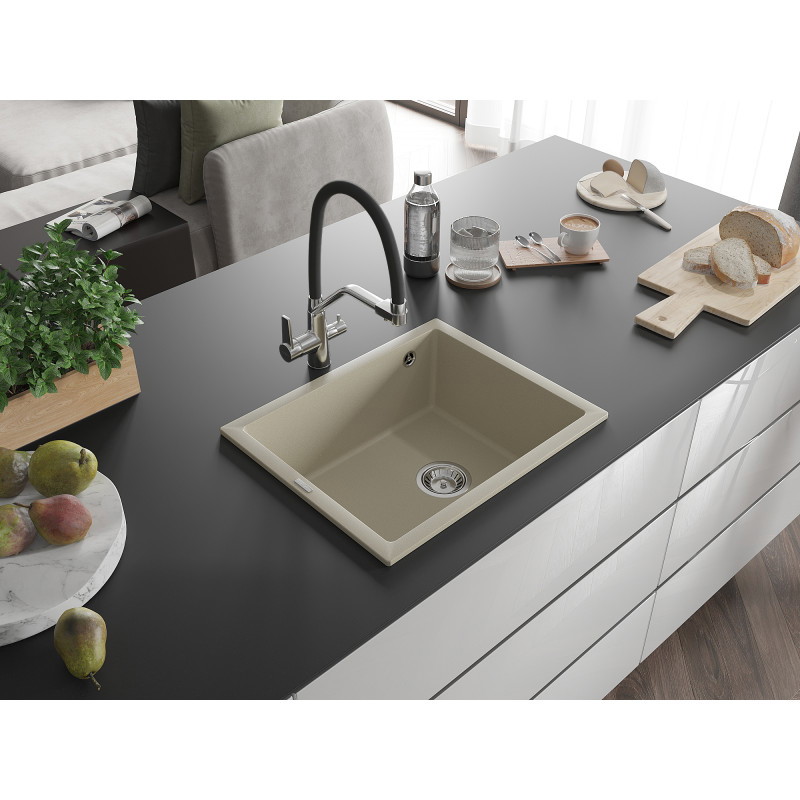 Mexen Pedro granite sink 1-bowl 560 x 460 mm, beige, chrome siphon - 6508561000-69
