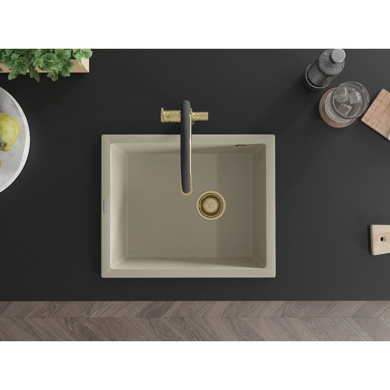 Mexen Pedro granite sink 1-bowl 560 x 460 mm, beige, golden siphon - 6508561000-69-G