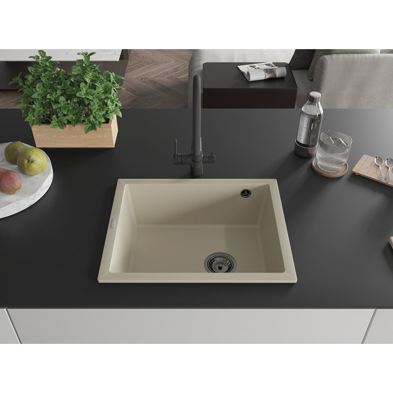 Mexen Pedro 1-bowl granite sink 560 x 460 mm, beige, black siphon - 6508561000-69-B
