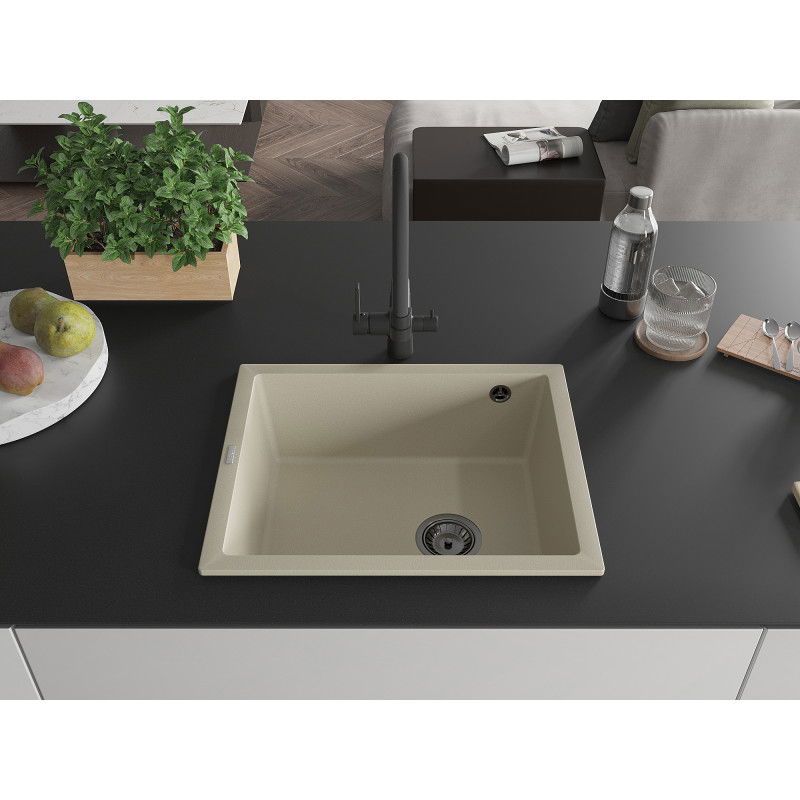 Mexen Pedro granite sink 1-bowl 560 x 460 mm, beige, black siphon - 6508561000-69-B
